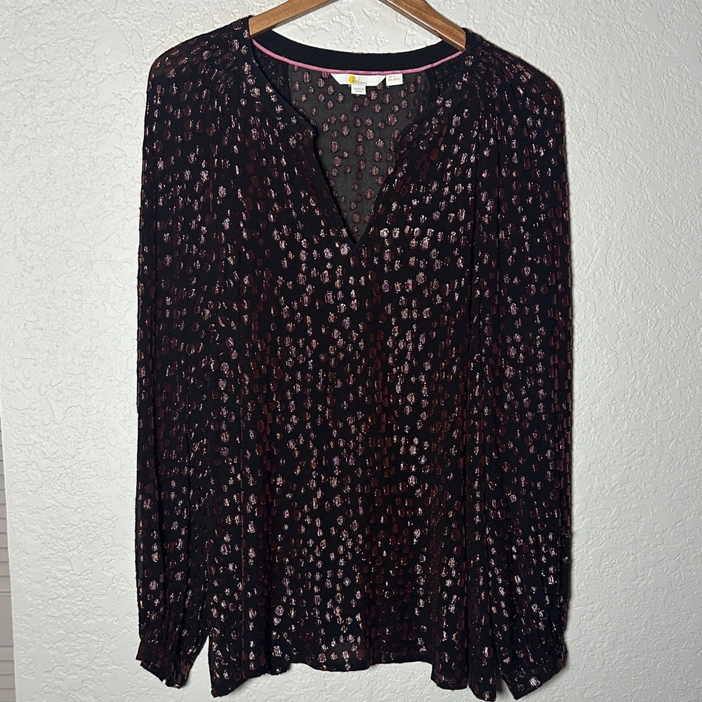 Boden Black Metallic Polka Dot Blouse Size 20/22 Burgundy Sheer Dark Long Sleeve